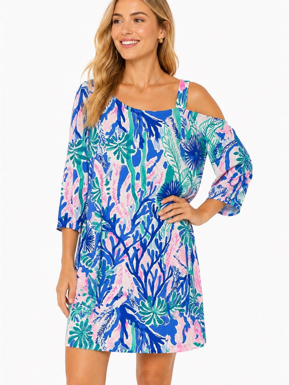Cold-Shoulder Dress in Blue & Pink - 1039